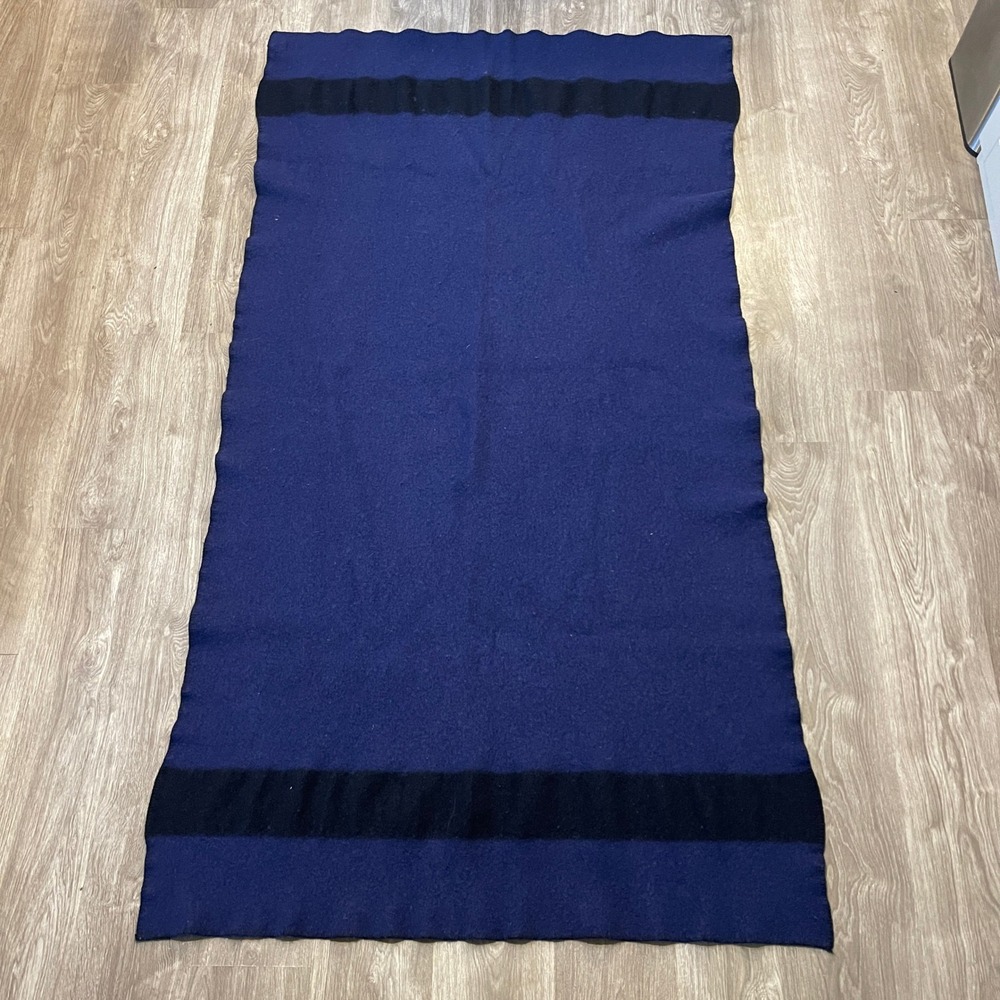 Vintage LL Bean Blanket Blue Black Wool Stripe 79x43 Whipstitch USA Camping